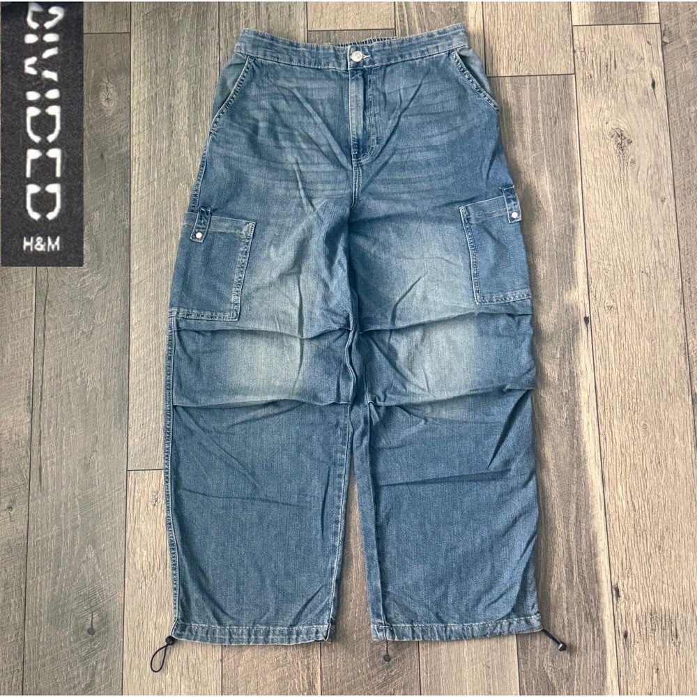NWT HM Divided Blue Denim Cargo Pants Wide Leg Adjustable Hem Baggy Mens Size M